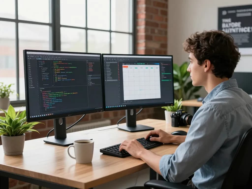 Developer utilizing clawbot AI assistant in a modern workspace with dual monitors.