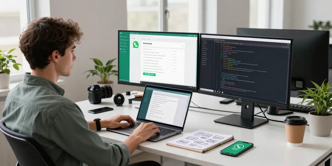 Person using WhatsApp網頁版 in a modern office with dual monitors and vibrant workspace.