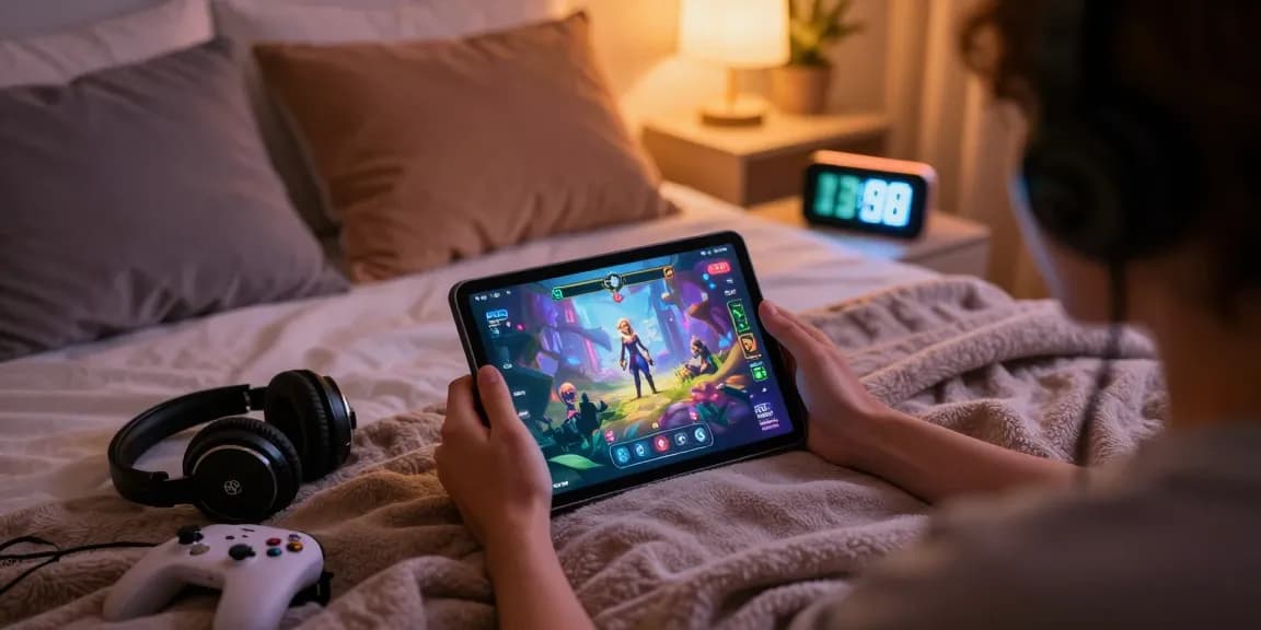 Engaging in a porngame on a tablet in a cozy bedroom with LED lights.