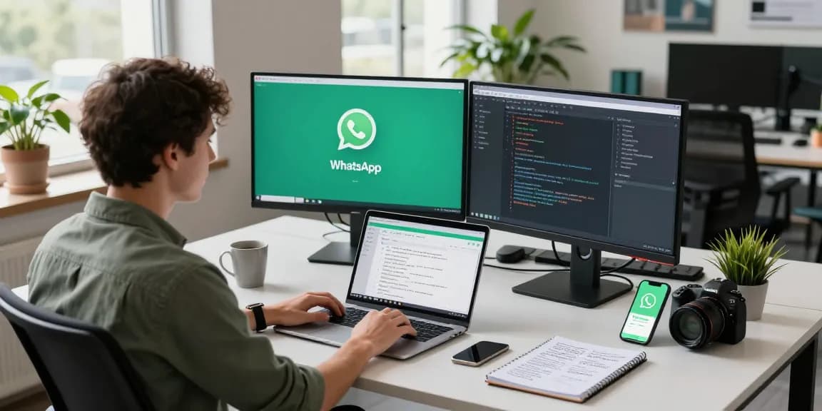 WhatsApp下載 interface displayed on dual monitors in a modern tech workspace with colorful notes and design specs.