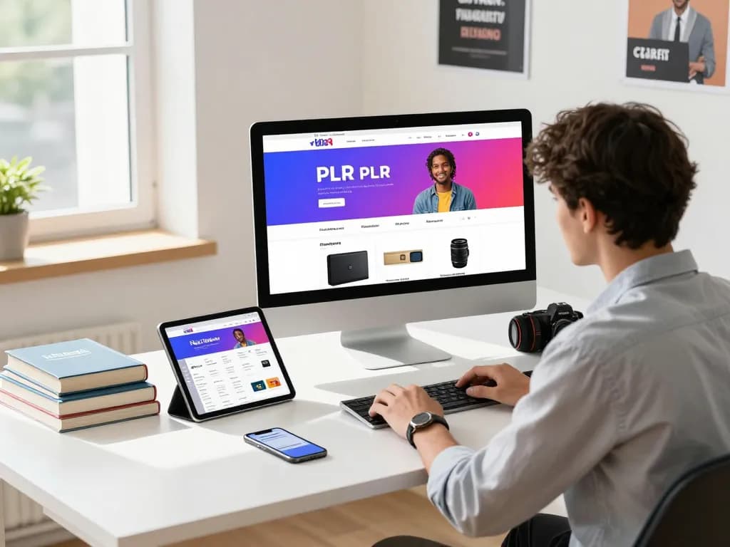 Engaging workspace with PLR Digital Products for Sale displayed on a computer, showcasing a professional's online selling setup.