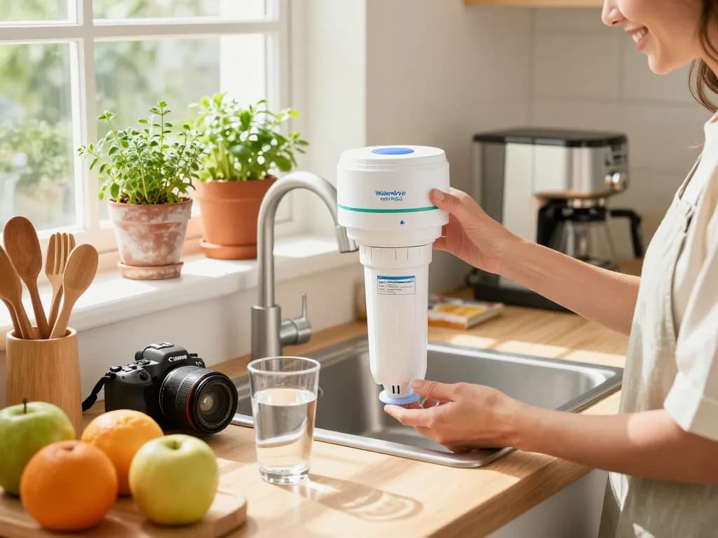 Waterdrop Plus UKF7003 Replacement for Maytag® UKF7003 being replaced in a bright kitchen, with fresh fruits and water in the background.