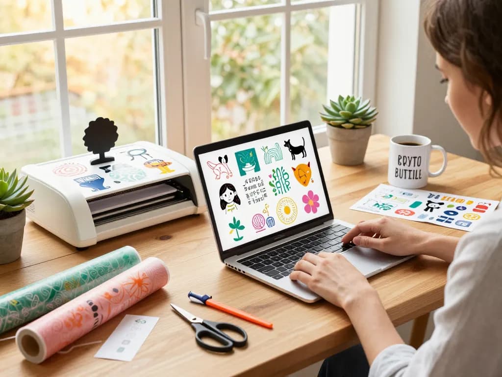Designing cricut svg bundle graphics in a colorful crafting workspace.