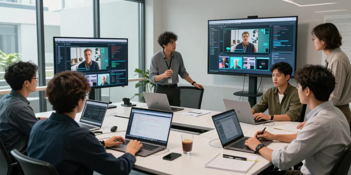 Team collaborating to detect AI images using advanced moderation tools in a modern workspace.