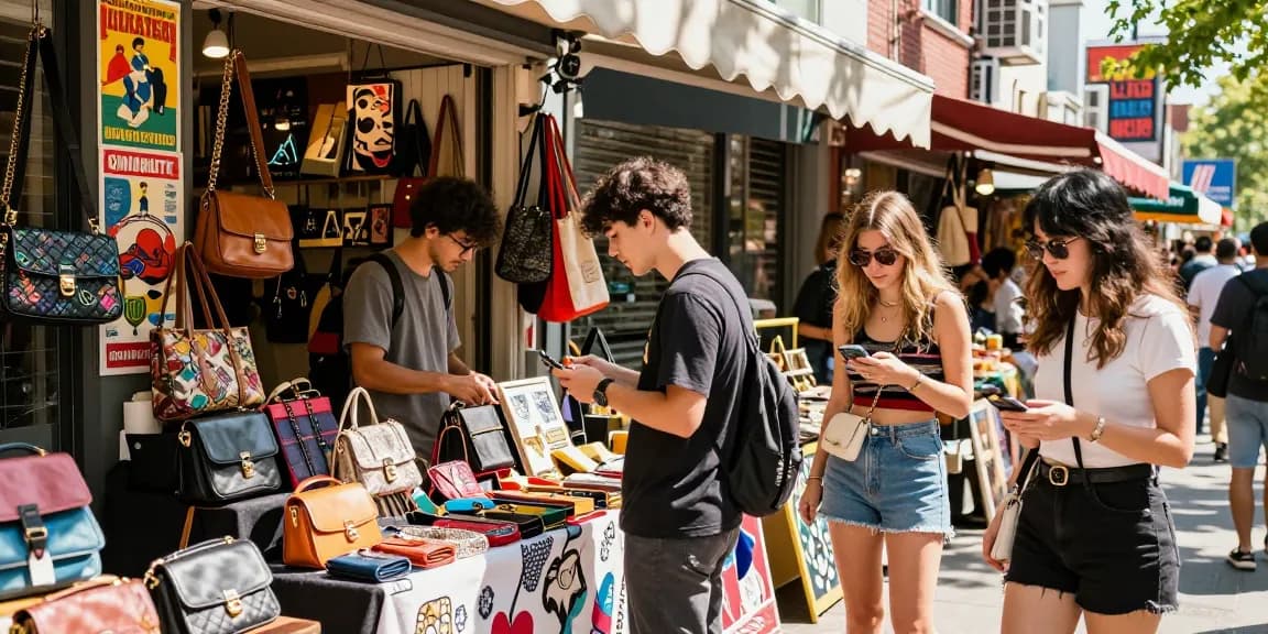 Replica fashion shopping in a vibrant urban market, showcasing trendy styles.