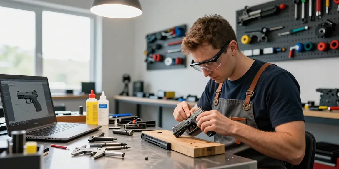Gunsmith at https://precisionglockslides.com assembling a Glock slide in a modern workshop with tools and components.