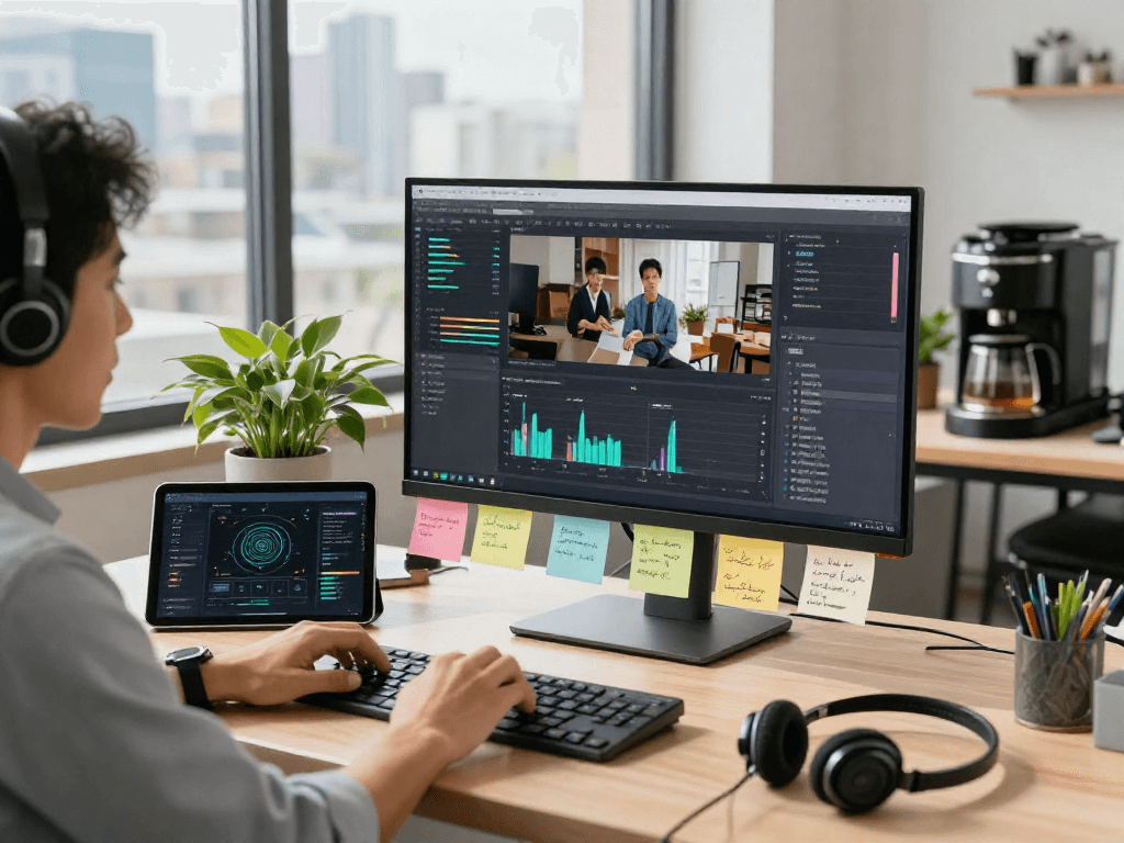 Professional analyzing ai image detector metrics on high-resolution monitor
