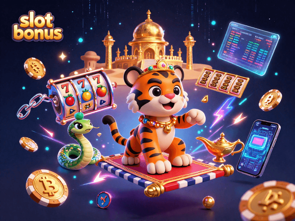 Experience winning with slot bonuses and vibrant 3D casino illustration elements.