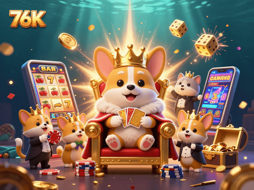 Os corgis jogam apostas emocionantes enquanto 76K explode em ouro e símbolos de cassino.