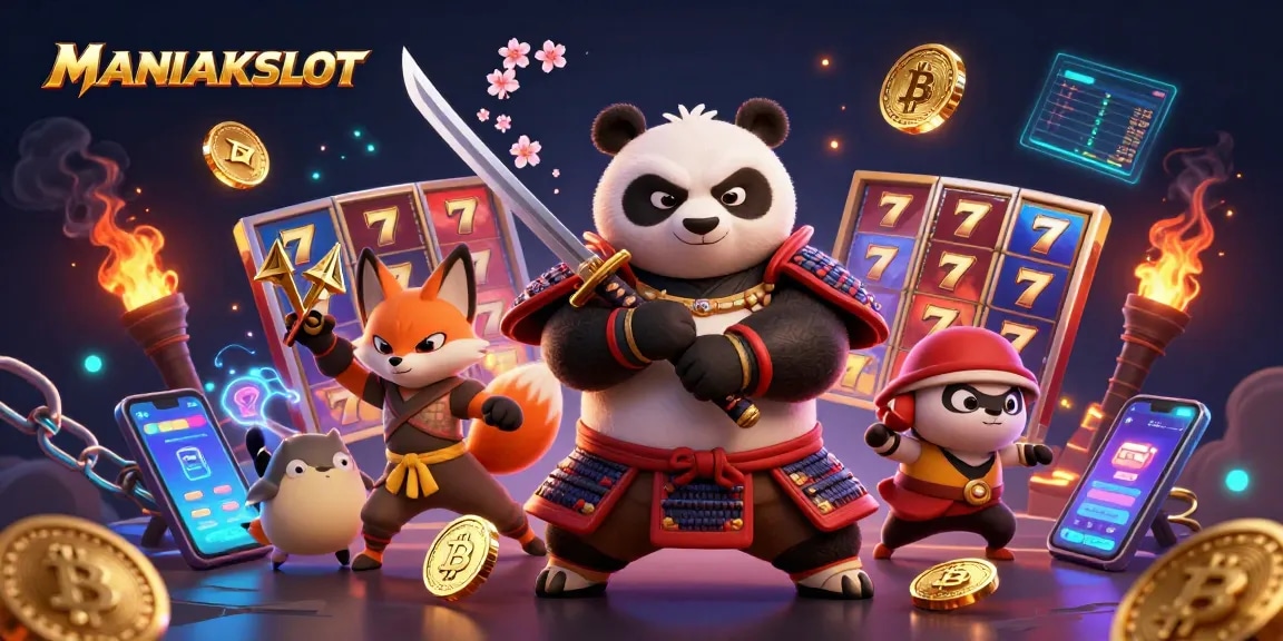 Engage with MANIAKSLOT's vibrant slot game scene featuring dynamic characters and crypto elements.