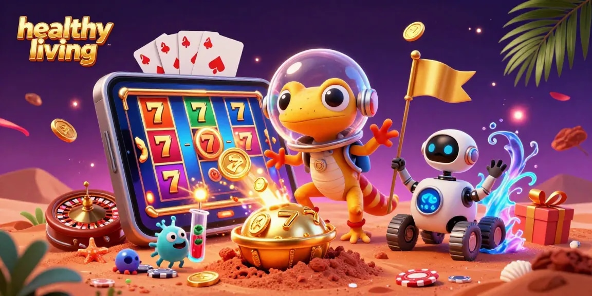 Engaging in healthy living through thrilling casino action with colorful slot games and vibrant characters.