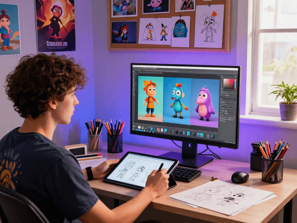 Character AI NSFW workspace with animated character designs and creative tools.