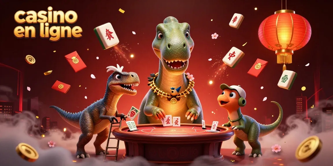 Une illustration 3D colorée représentant un brontosaurus dans un casino en ligne, avec des éléments de jeu animés.