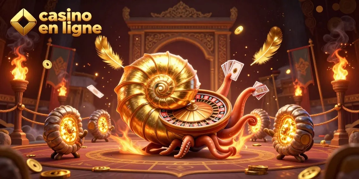 Casino en ligne : Illustration d'un nautilus géant sur une table de jeu, entouré de pièces d'or et de cartes.