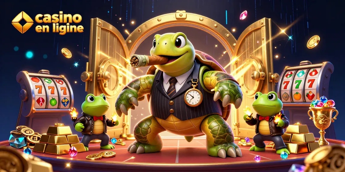 Action animée au casino en ligne avec une tortue et des grenouilles entourées de richesses.