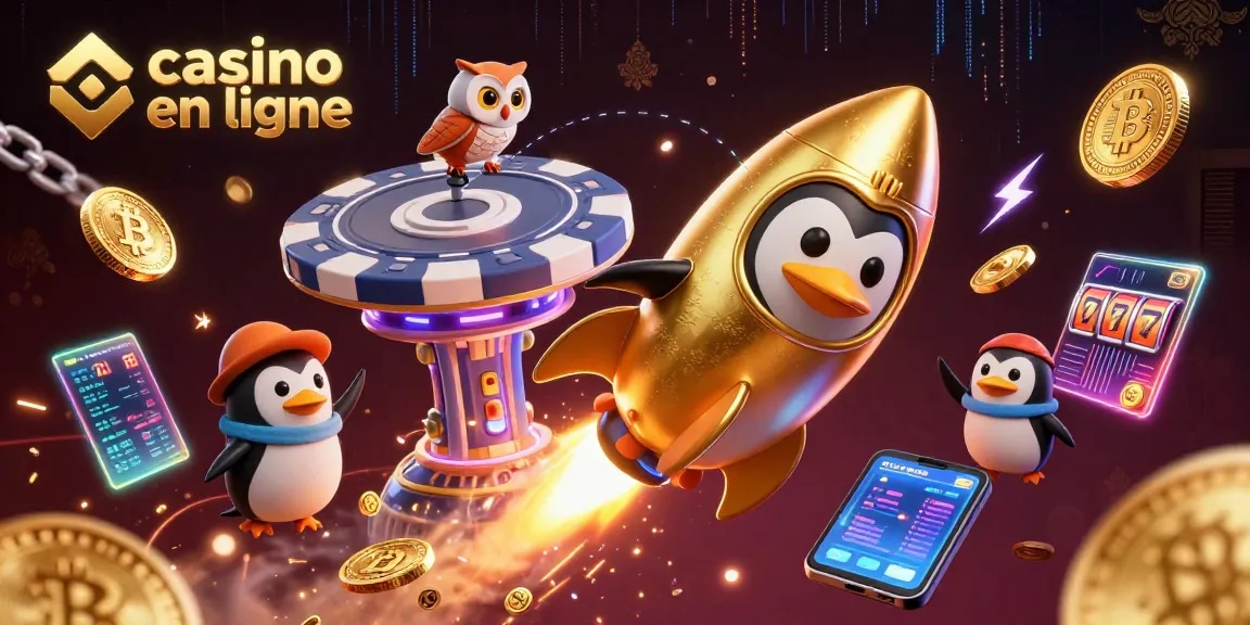 Décollez vers un casino en ligne de rêve avec un pingouin doré propulsé par fusée, entouré de pièces de crypto-monnaie.