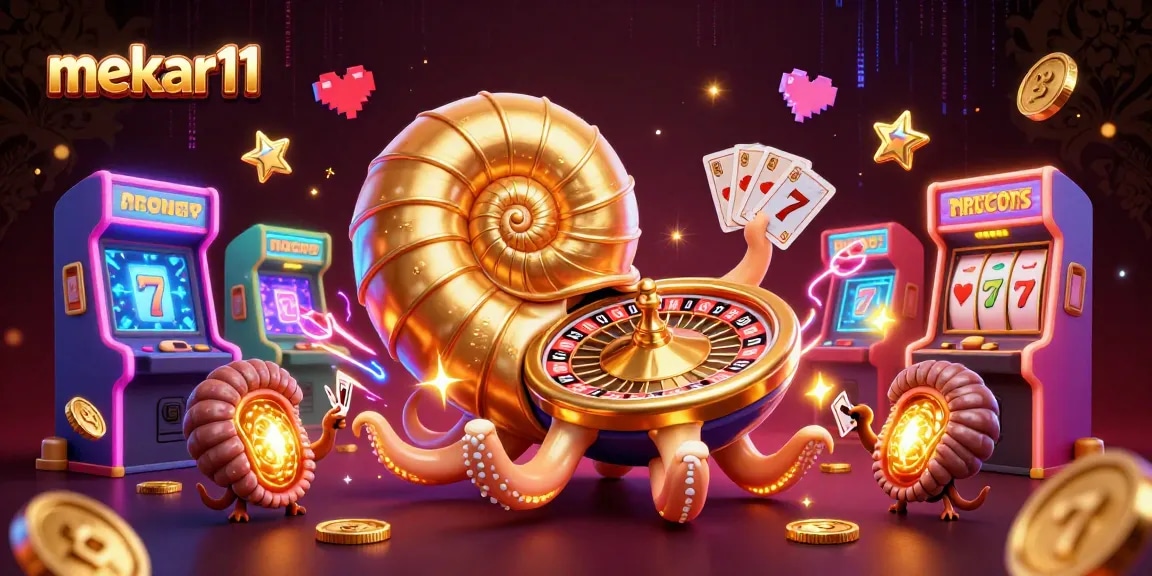 Engage with mekar11's colorful casino world featuring an ancient nautilus roulette wheel surrounded by vibrant arcade elements.
