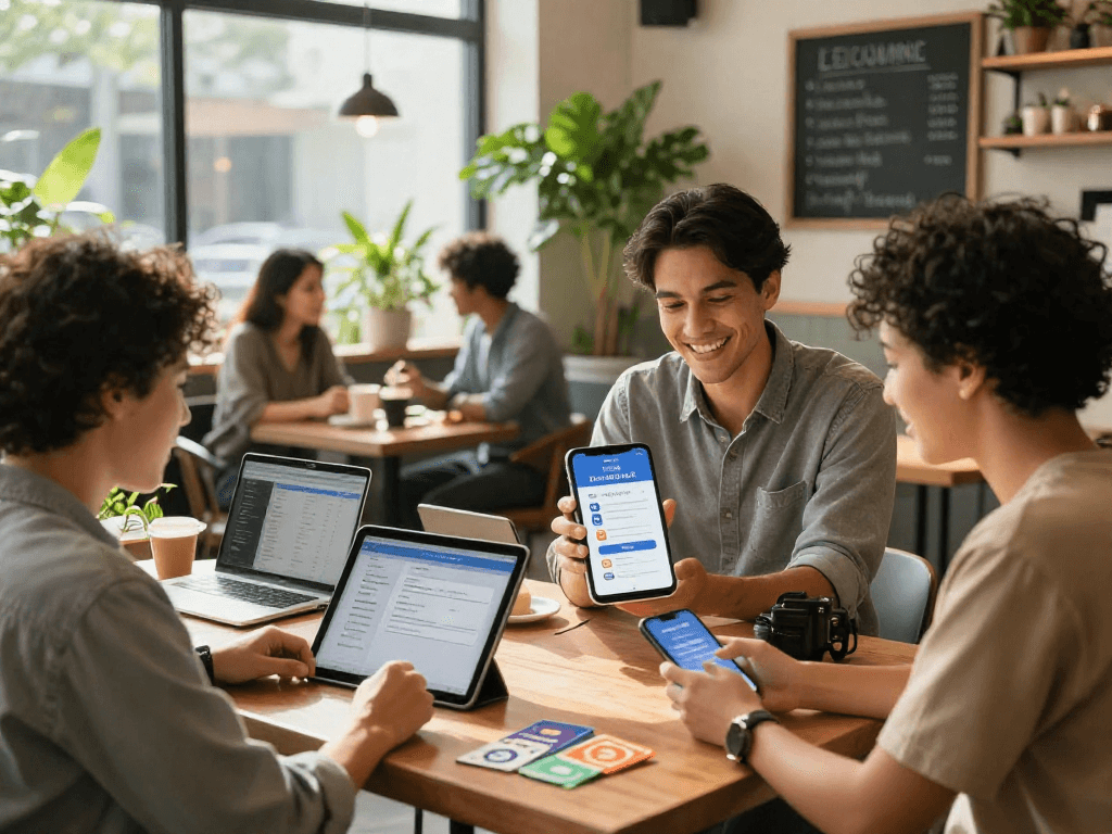 Team using loyalty software in a vibrant café environment to enhance customer engagement, discussing rewards and analytics.