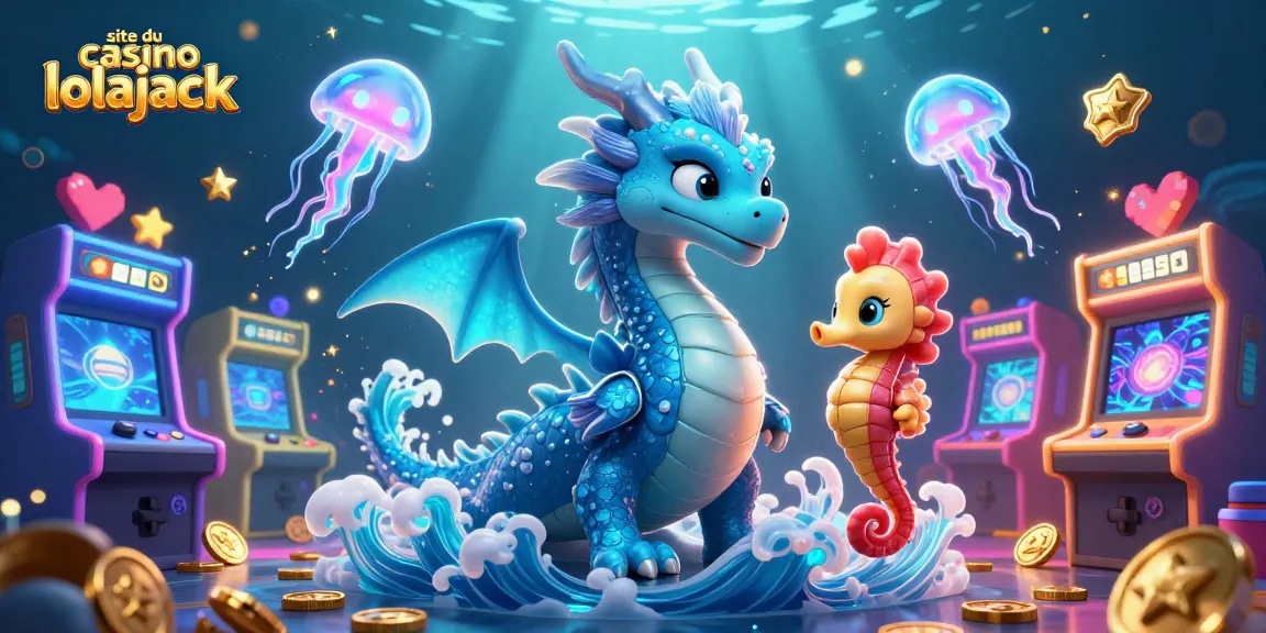 Jouez sur le site du casino lolajack avec un dragon des eaux et des machines à sous scintillantes.