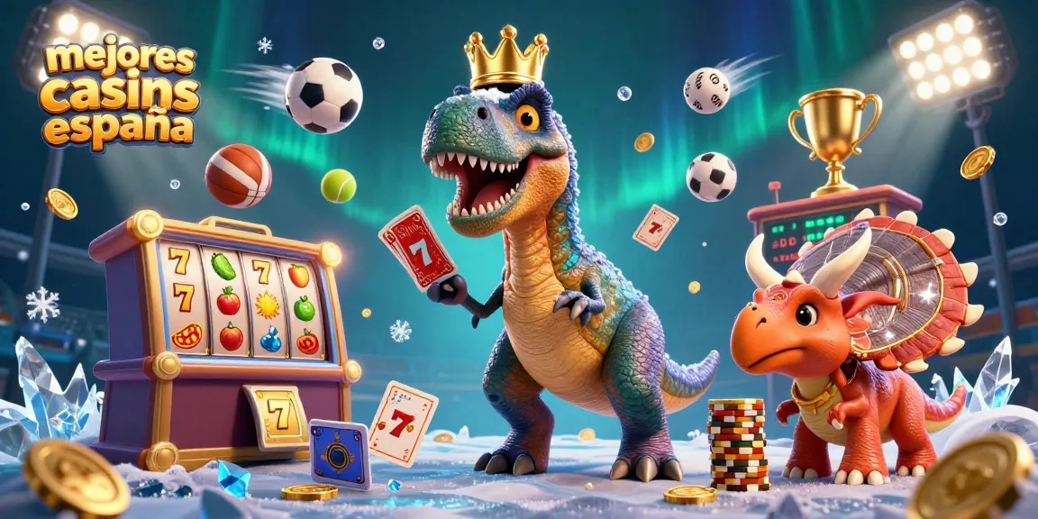 Ilustración divertida de un cartoon de los mejores casinos en España, con un T-Rex jugando a las cartas.