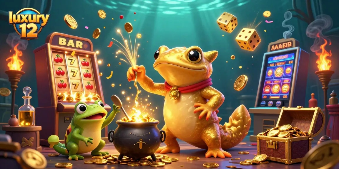 Engage with luxury 12-themed casino visuals featuring golden salamanders, gold coins, and dynamic slot machines.