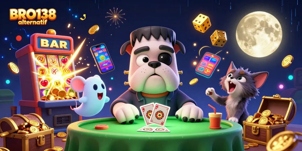 Win big at BRO138 alternatif, featuring a 3D cartoon bulldog dealer, thrilling slot machines, and floating ghost mice.