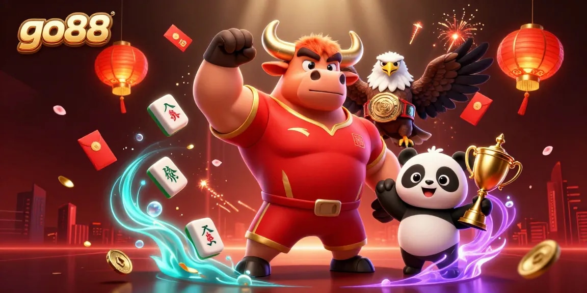 Experience the excitement of go88 casino gaming with a vibrant 3D illustration featuring trophy-winning characters.