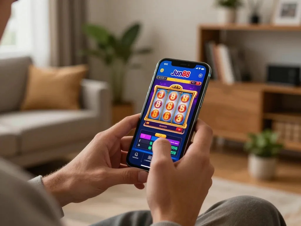 Experience khuyến mãi Jun88 while playing mobile slot games in a cozy home environment