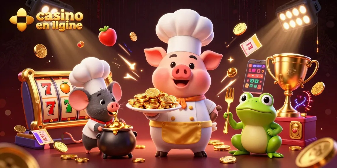 Illustration dynamique de casino en ligne mettant en scène un chef en pig servant des pièces d'or.