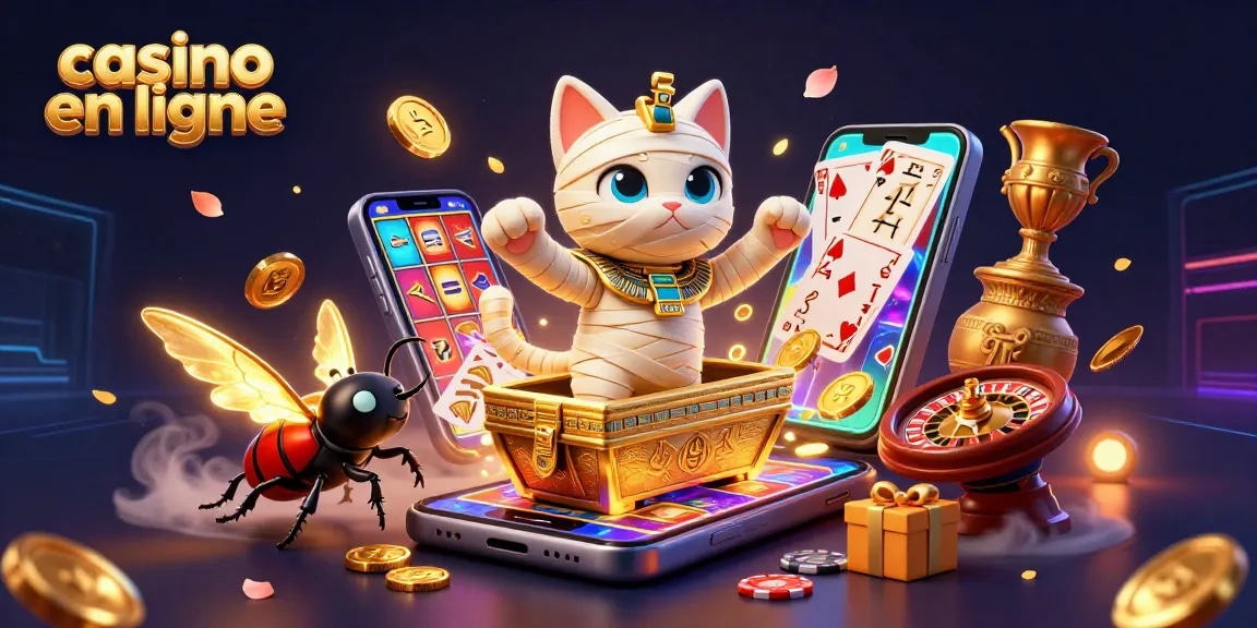 Illustration captivante d'un casino en ligne avec un chat momie égyptien et un scarabée servant, mettant en avant la magie des jeux d'argent.