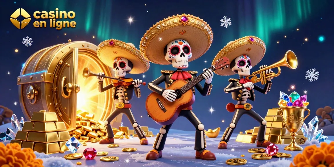 Les mariachis de casino en ligne illuminent le coffre au trésor doré rempli de richesses.