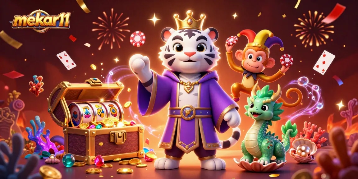 Mekar11 presents an exciting casino illustration with a regal tiger, playful monkey, and slot games.