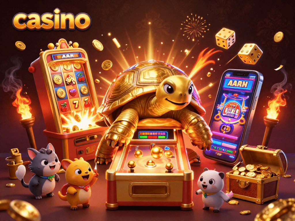 Exciting casino scene with a colossal tortoise, vibrant slot machine, and golden treasures.