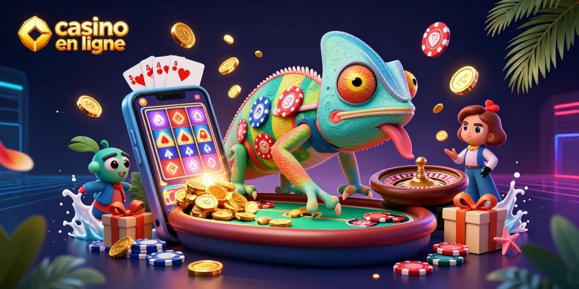 Le casino en ligne présente un caméléon géant qui attrape des pièces d'or, entouré de jeux de cartes et de machines à sous.