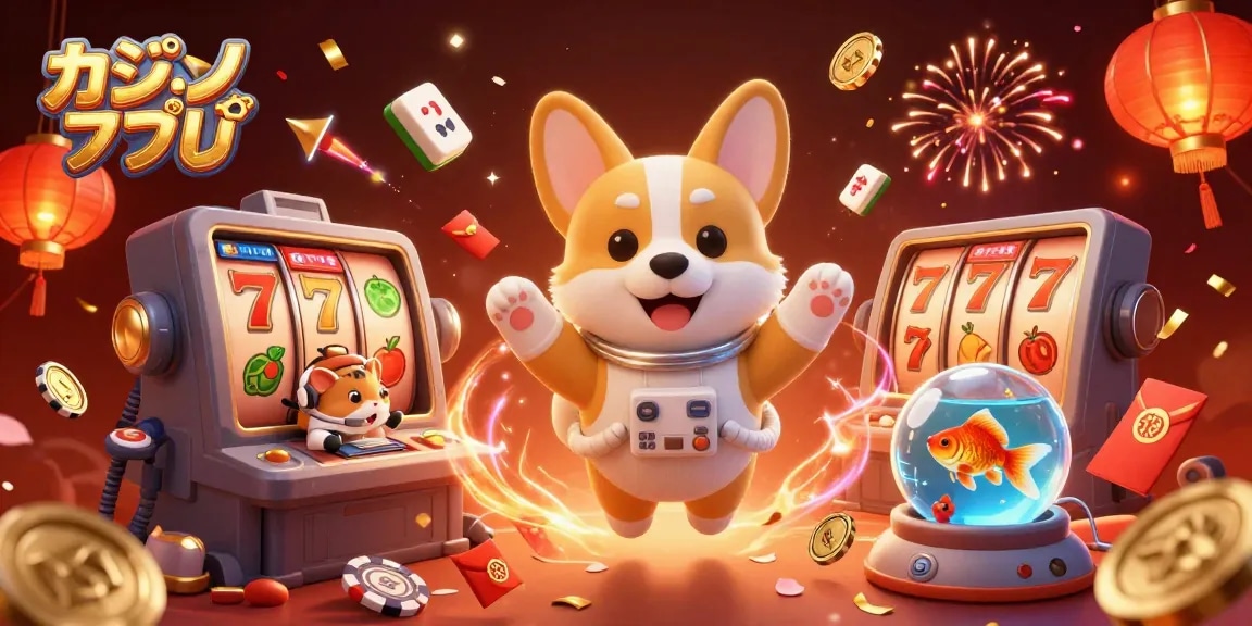 カジノアプリを使って宇宙空間でプレイするコーギーのイラスト。