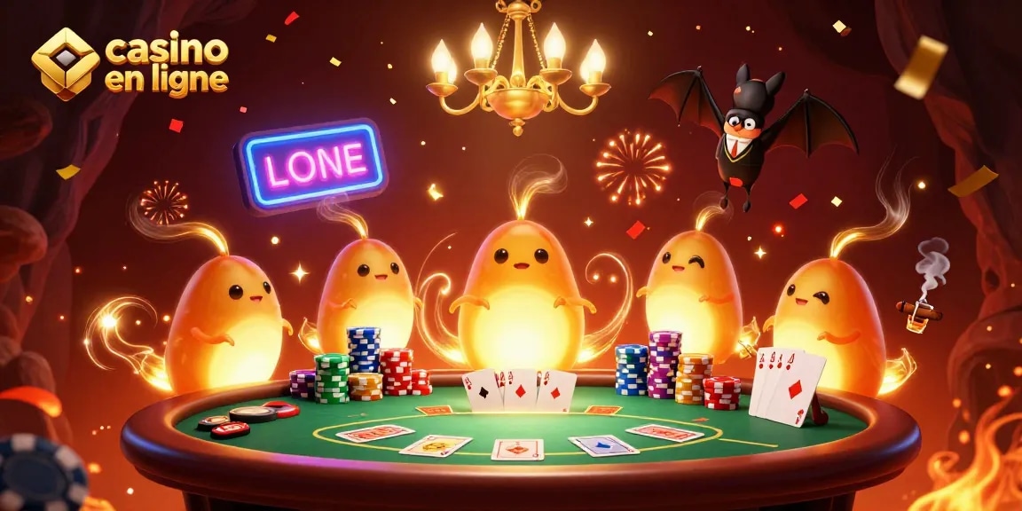 Les vers luisants illuminent le casino en ligne avec des jeux de poker et des confettis.