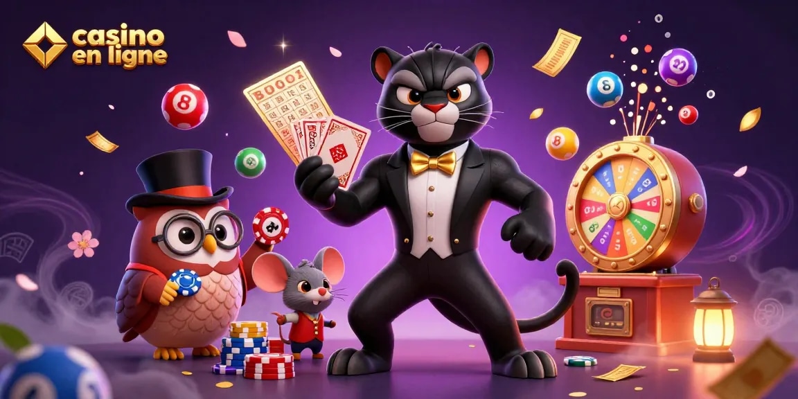 Jouer au casino en ligne avec une illustration 3D colorée et dynamique remplie de charmes et de jeux de hasard.