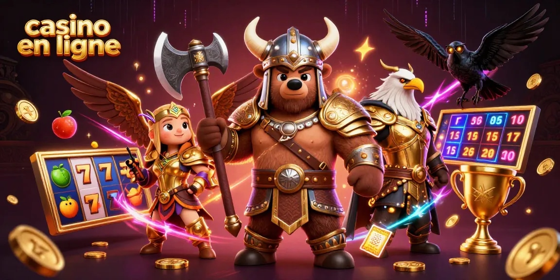 Le casino en ligne offre une scène dynamique avec un ours viking et une aigle valkyrie entourés de machines à sous.