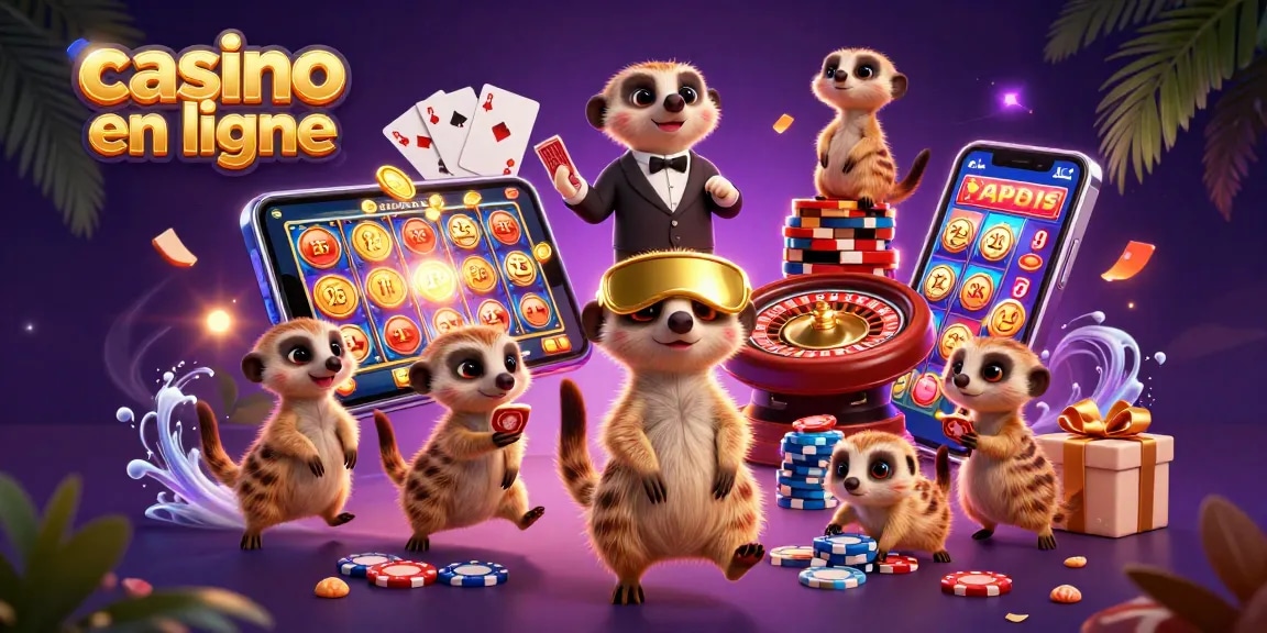 Une scène animée de meerkats gérant un casino en ligne, jouant avec des jetons et des cartes.