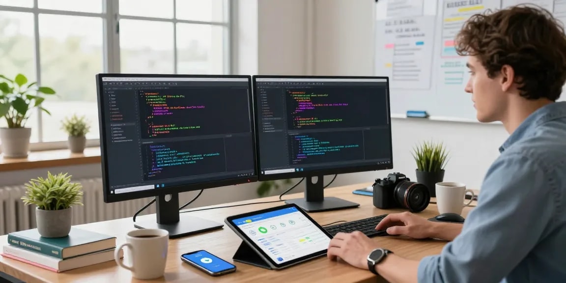 Engaging workspace with a developer coding for 纸飞机官网 integration, showcasing tech innovation and productivity.