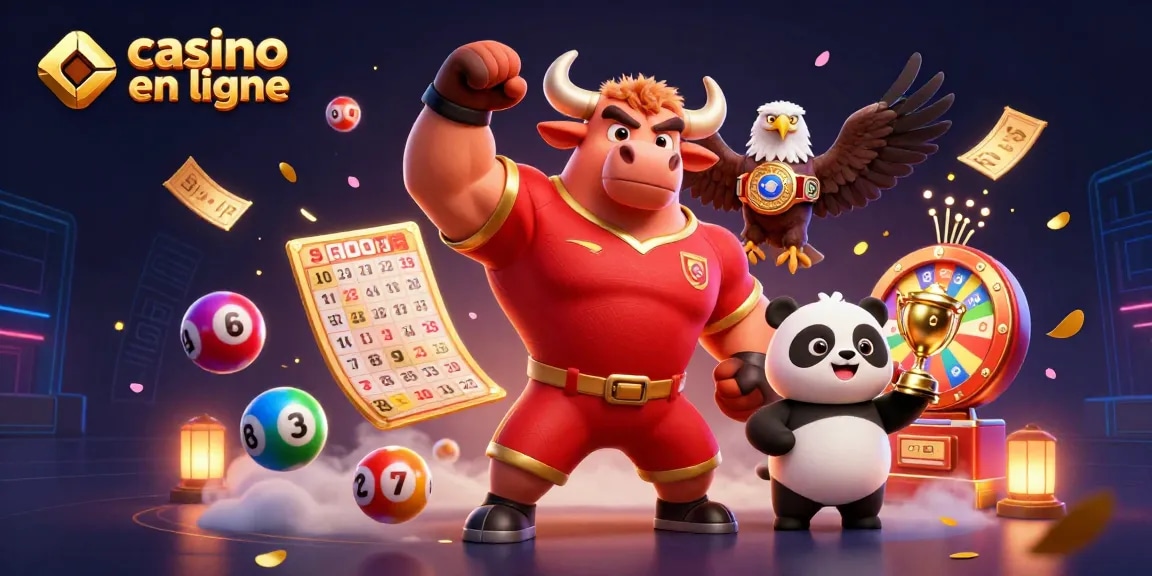 Jouez à casino en ligne avec notre mascotte de taureau célébrant les gagnants de loterie.