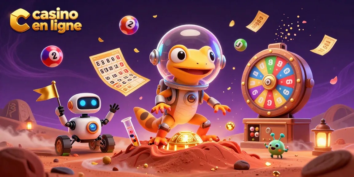 Jouez et gagnez sur casino en ligne avec un gecko martien et des jeux colorés de loterie.