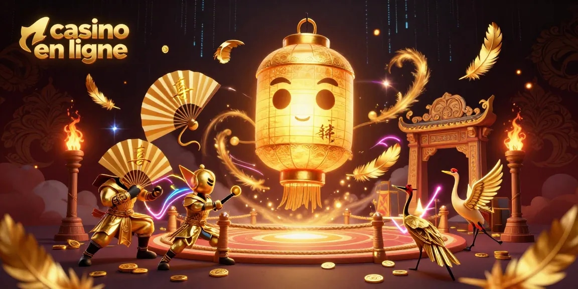 Élément visuel captivant représentant une illustration 3D d'un casino en ligne, avec des symboles de chance et des personnages dynamiques.