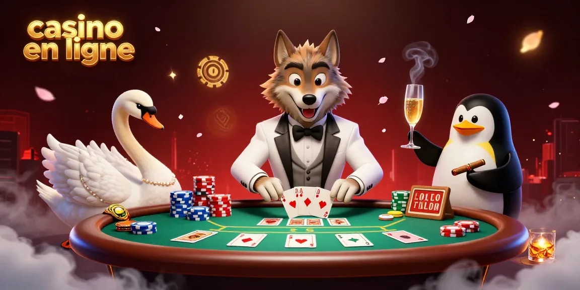 Au casino en ligne, un loup élégant joue aux cartes avec un cygne et un pingouin sommelier.