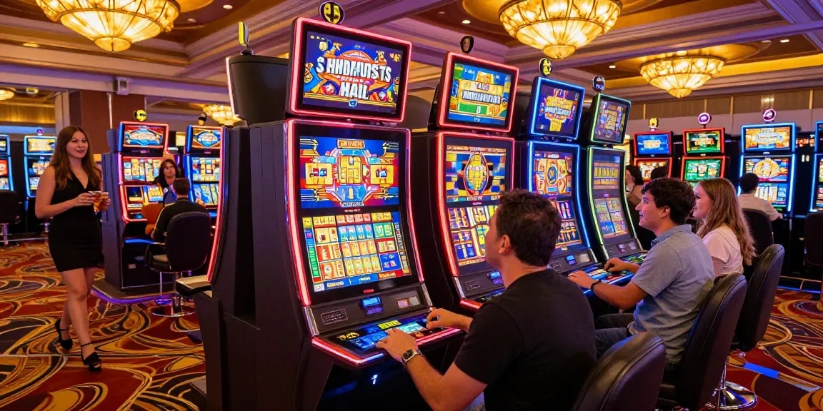 Excited players engaging with vibrant slot machines in a lively casino setting.