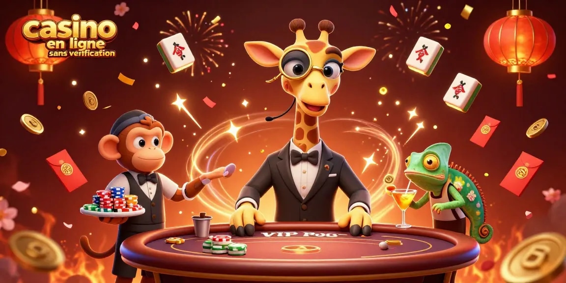 Célébrez en jouant au casino en ligne sans vérification avec un giraffe joueur, un valet singe et un barman caméléon.