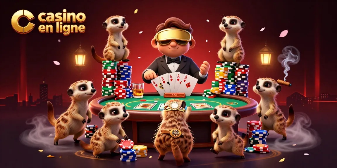 Casino en ligne captivant avec des suricates animés sous un éclairage mystérieux, cartes et jetons autour.