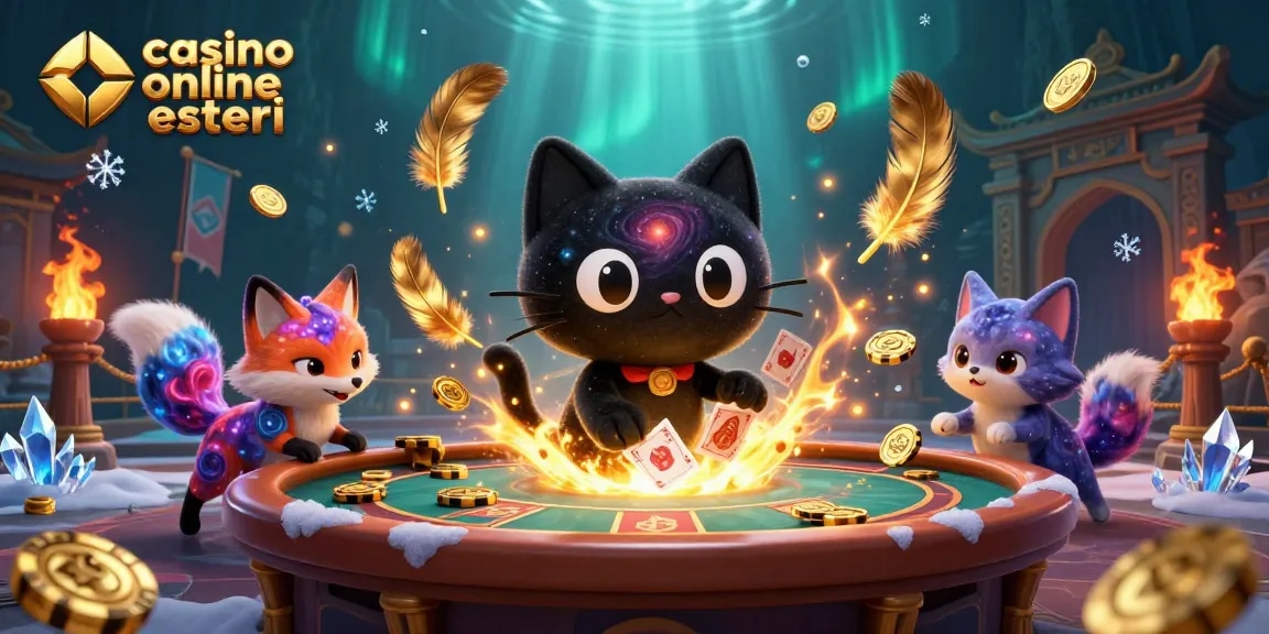 Giocando ai migliori casino online esteri, un gatto buco nero e una volpe nebulosa attirano fiches dorate e carte.