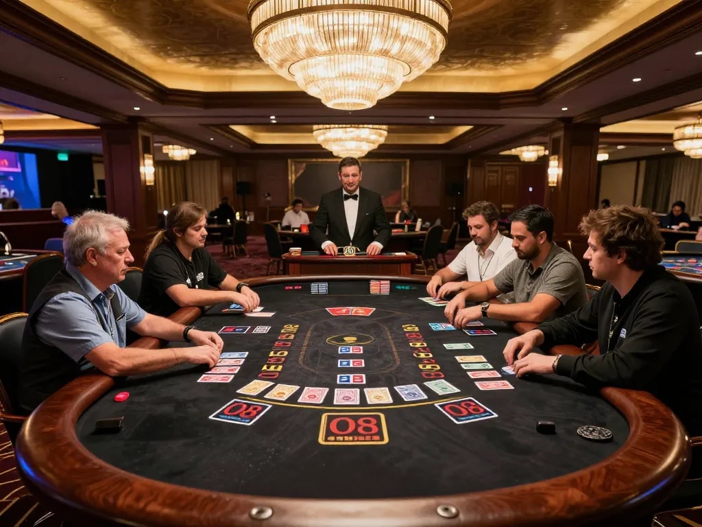 O8 players engaging in an electrifying game of live dealer blackjack, reflecting competitive spirit and immersive gaming