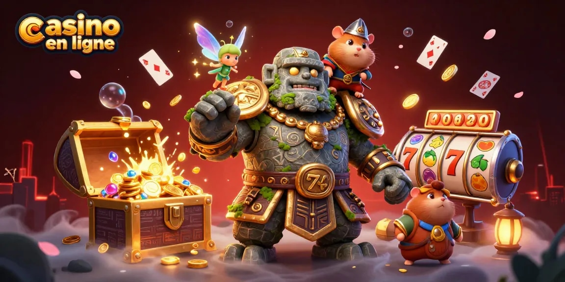 Illustration d'une scène animée pour casino en ligne mettant en valeur des personnages fantastiques et des éléments de jeu.